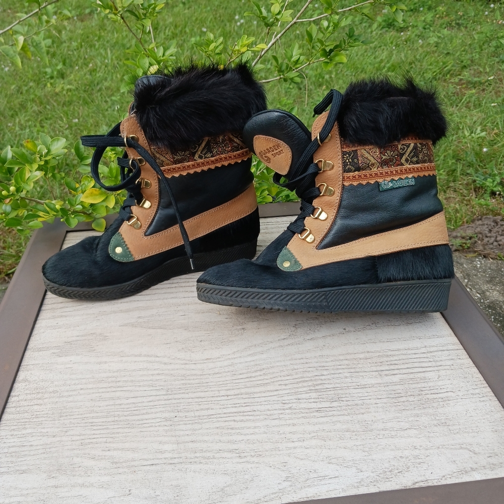 Italy Leather Ski Boots Goat Fur Vintage Garden Sport 80s Mukluk Wedge Boots